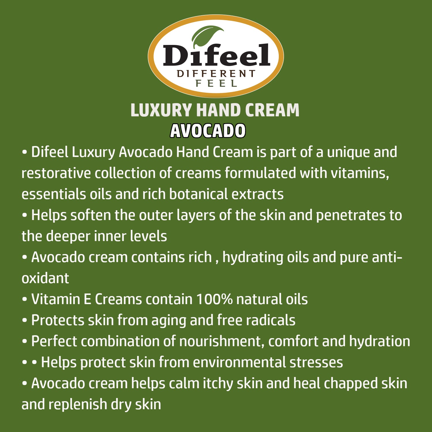 Difeel Luxury Moisturizing Hand Cream -Avocado Oil 1.4 oz.