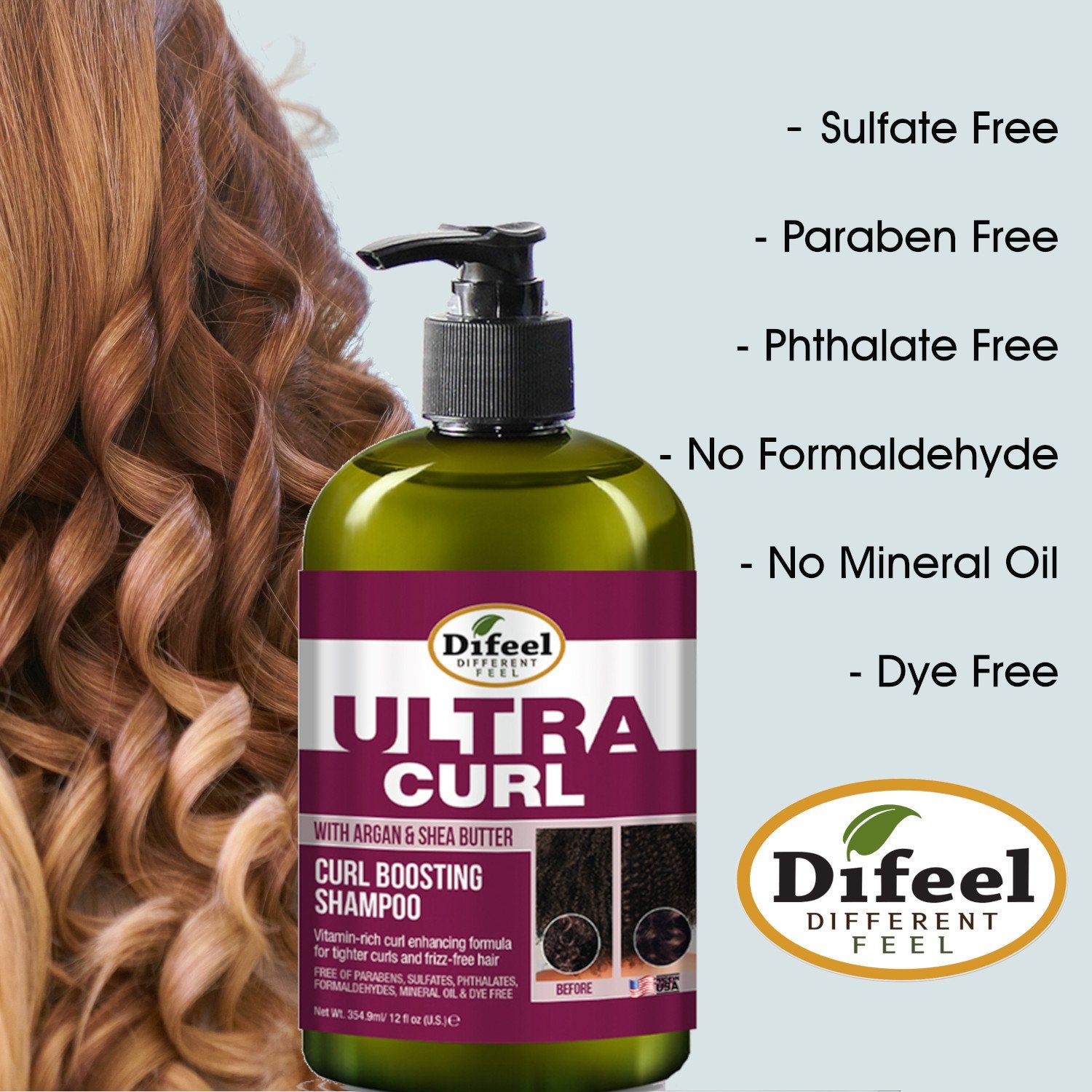Difeel Ultra Curl 3-PC Curl Boosting Hair Care Set : Ultra Curl Shampoo 12 oz, Conditioner 12 oz. and Hair Oil 2.5 oz. Set